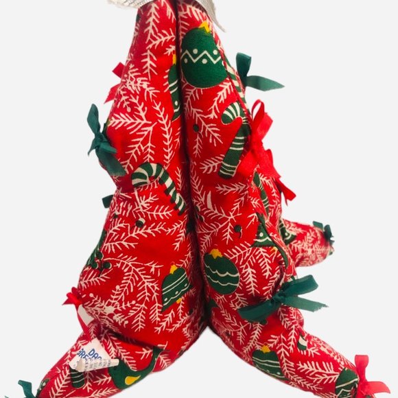 Two Vintage Quilted Fabric 8" Christmas Trees Bows Holiday Table Decor - Picture 11 of 11